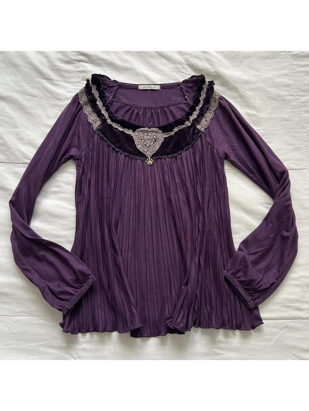 Axes Femme Plum Purple Velvet Lace Heart Pleated Long Sleeve Top M Japan